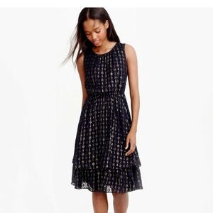 J. Crew metallic dot chiffon tiered dress - navy, size 12 tall